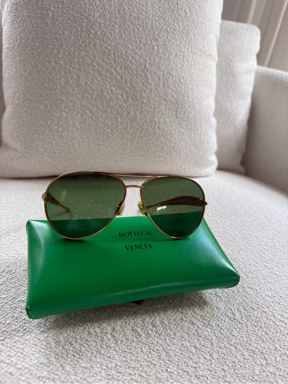 Bottega Veneta Gold Frame Sunglasses with Green Lenses